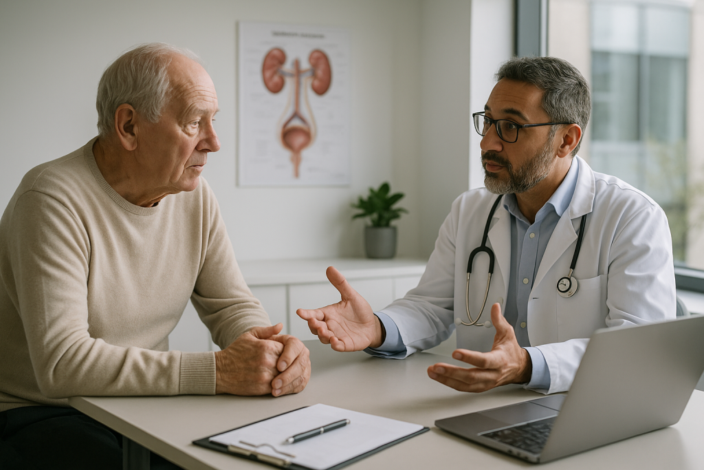 Patient et urologue discutant d’une résection de la prostate en consultation
