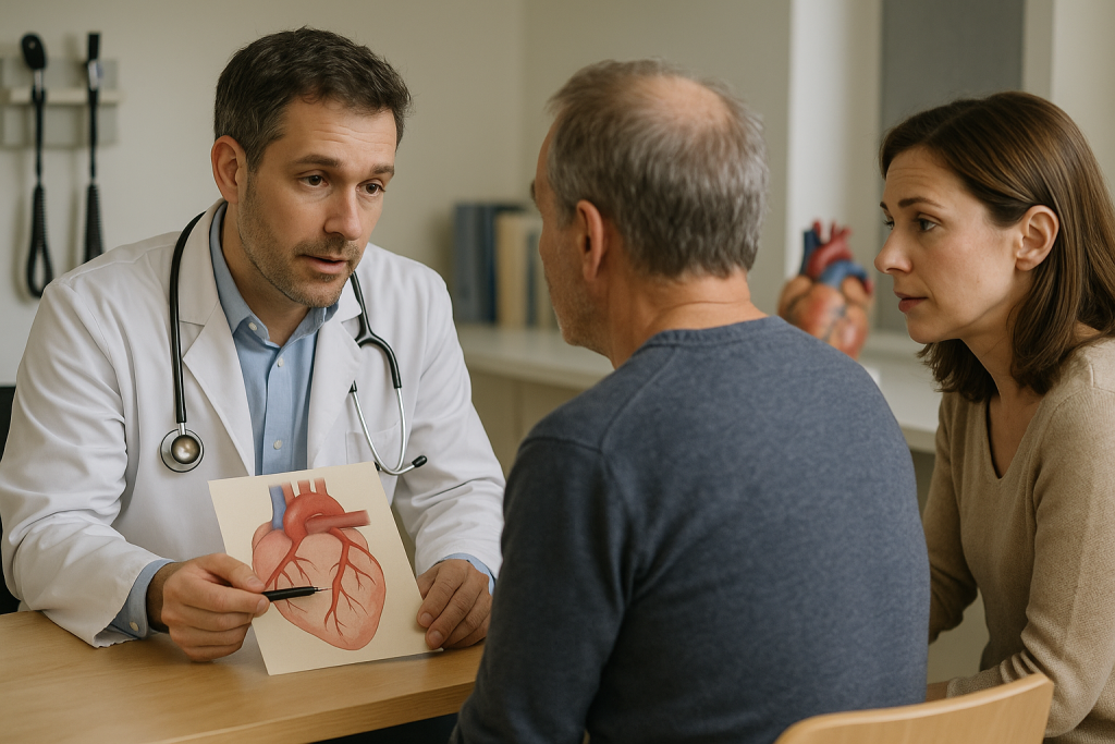 Cardiologue expliquant une angioplastie avec stent à un patient