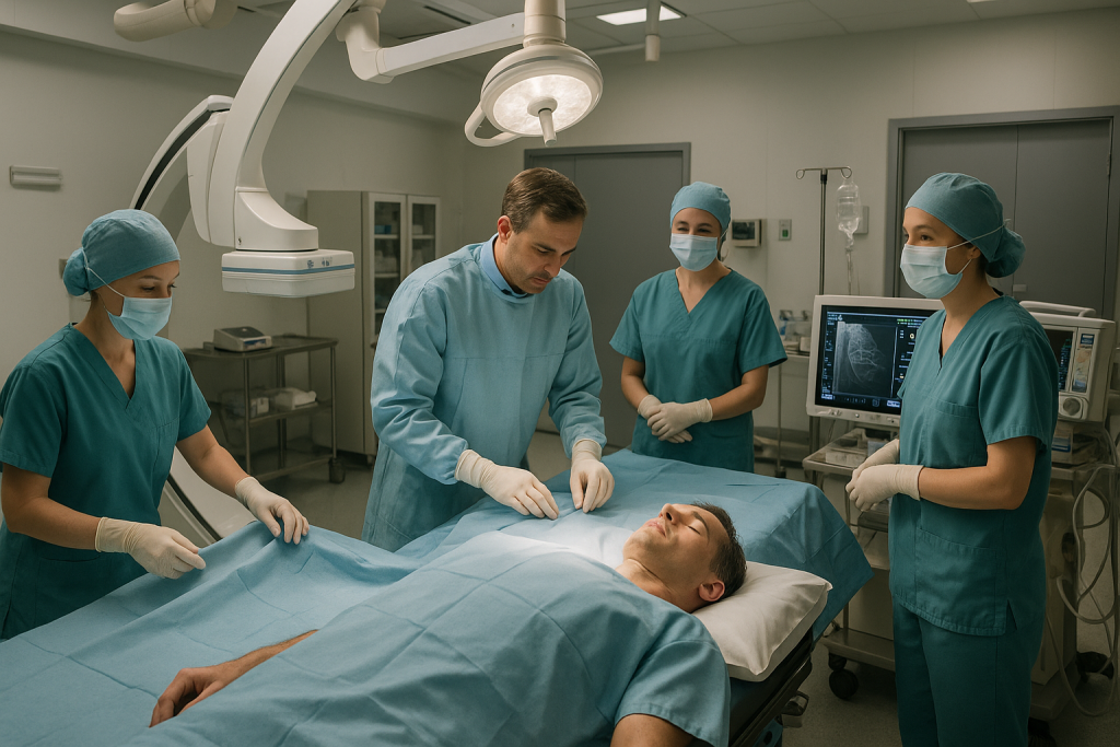 Équipe médicale préparant un patient pour une angioplastie en salle de cathétérisme