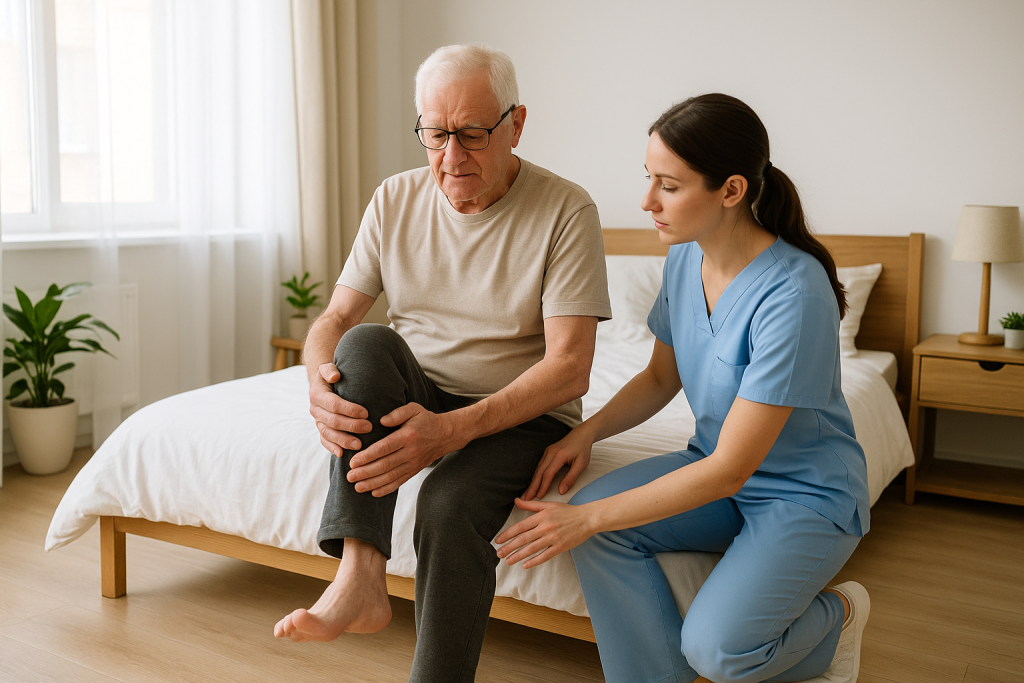 Exercice de flexion du genou encadré après la pose d'une prothèse