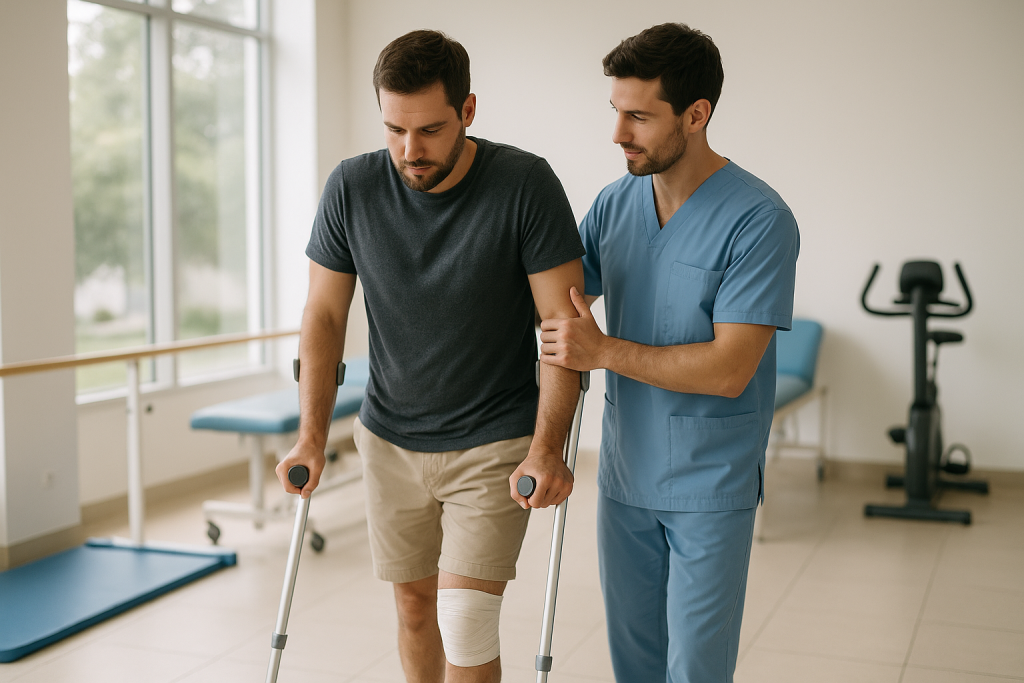 Patient marchant avec des béquilles accompagné par un kinésithérapeute après une prothèse de genou